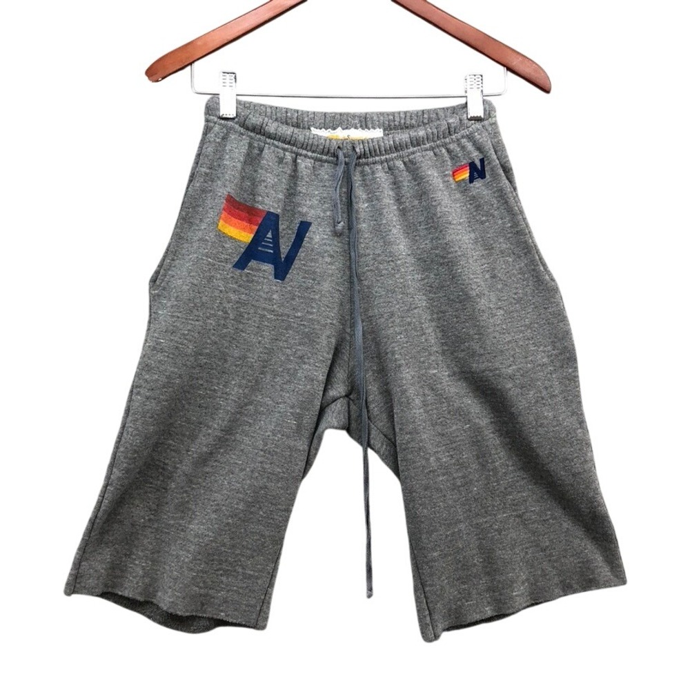 Aviator Nation Sweat Shorts Unisex Small Grey Rainbow Logo Raw Hem Made in USA
